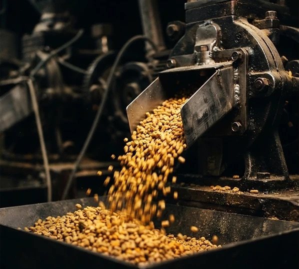 Feed pellets pouring from milling equipment
