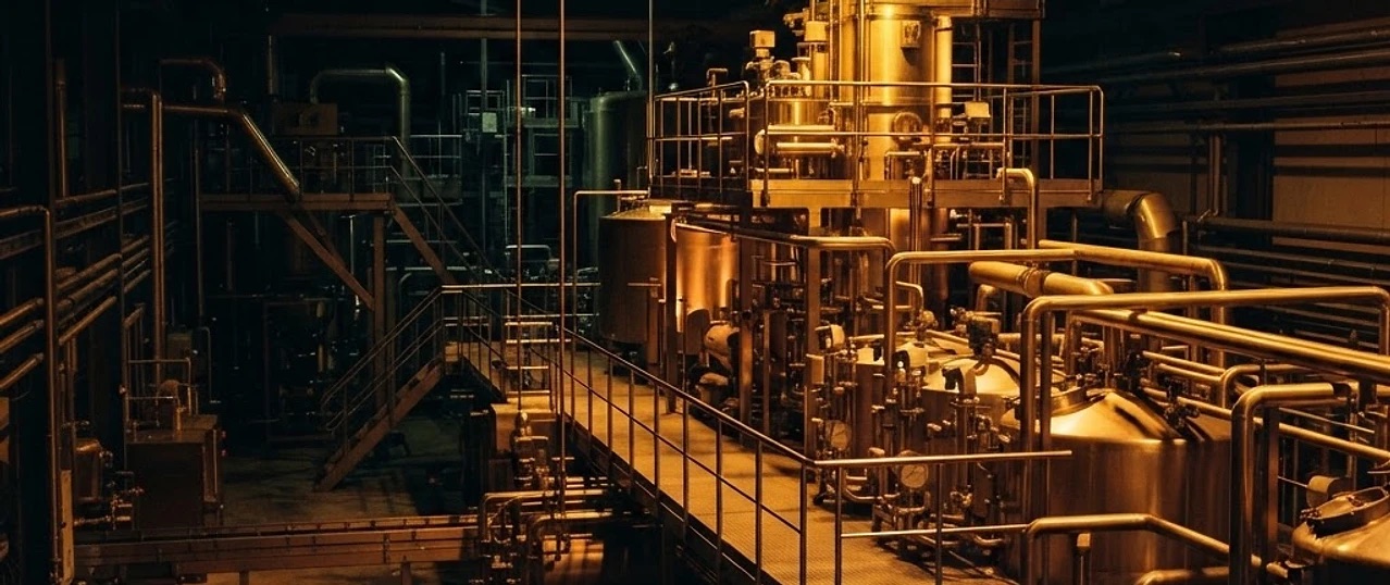 Processing plant with steel tanks and pipework